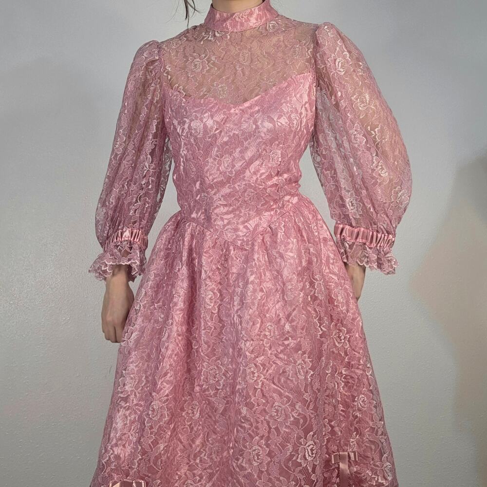 Vintage Handmade Pink Lace Victorian Prairie Dress Pink Puffy 80s Midi Princess